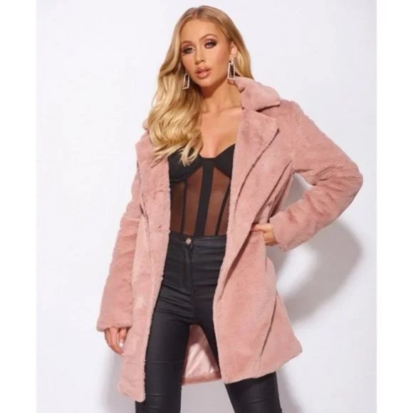 Pink Faux Fur Long Sleeve Lapel Collar Loose Fit Oversized Coat - Picture 10 of 17